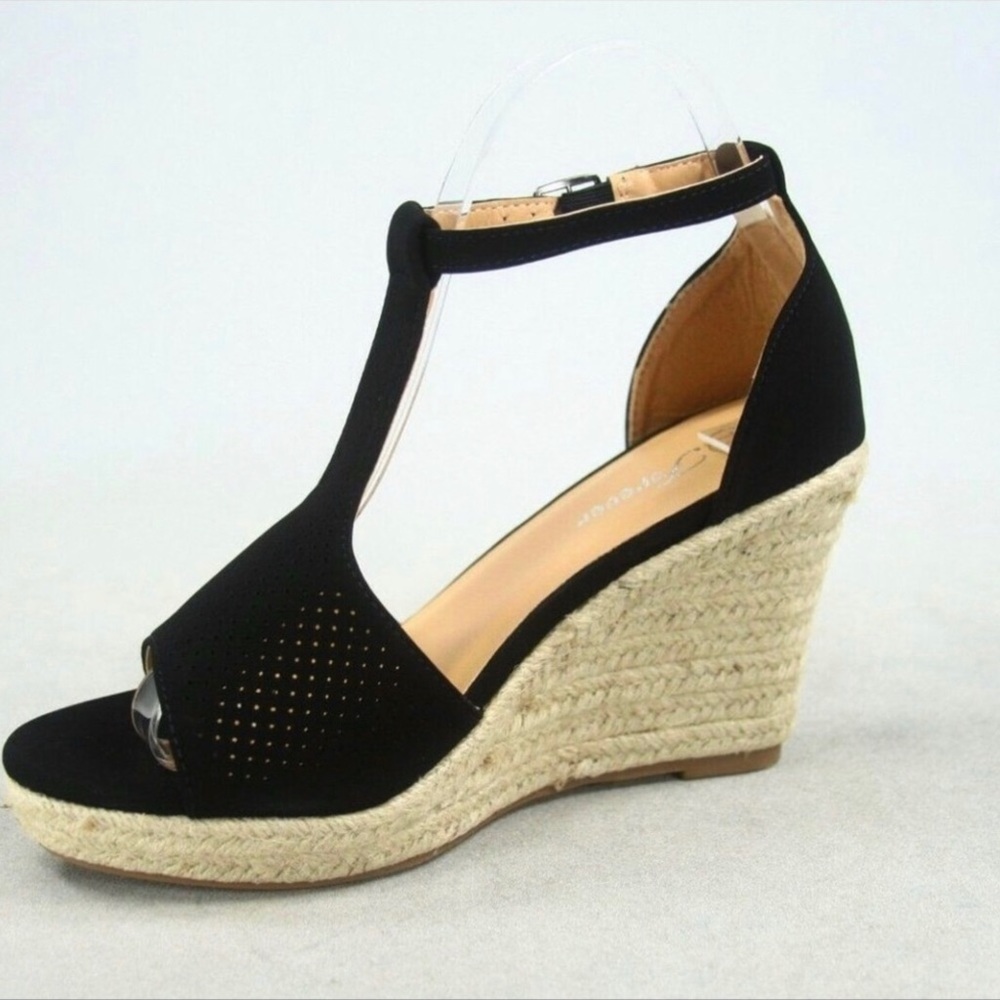 Perforated T-Strap Espadrille Black Wedge Multi Sizes NIB - Picture 3 of 9